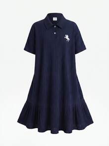 SHEIN Teen Girl Polo Kids Navy Blue Embroidered Pattern Short Sleeve Mid-Length Contrast Color Ruffle Collar Petal Sleeve Printed Button Dress Graduation - Navy Blue - View 4