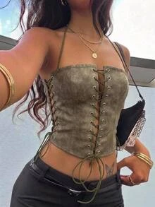 Aloruh Lace Up Detail Zip Back Crop Halter Top Autumn Outfits For Women Y2K-Style Faux Leather Lace-Up Crop Top - Olive Green - View 1