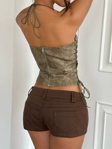 Aloruh Lace Up Detail Zip Back Crop Halter Top Autumn Outfits For Women Y2K-Style Faux Leather Lace-Up Crop Top - Olive Green - View 2