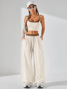 Coolane Women's Summer 2 Pieces Set, Color Block Cami Crop Top & Wide Leg Pants, Casual Lounge Streetwear Vacation Outfit - Apricot - View 3