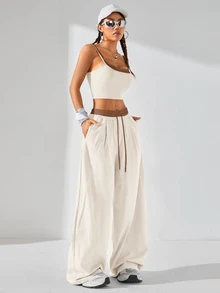 Coolane Women's Summer 2 Pieces Set, Color Block Cami Crop Top & Wide Leg Pants, Casual Lounge Streetwear Vacation Outfit - Apricot - View 4
