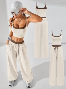 Coolane Women's Summer 2 Pieces Set, Color Block Cami Crop Top & Wide Leg Pants, Casual Lounge Streetwear Vacation Outfit - Apricot - View 8