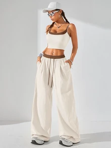 Coolane Women's Summer 2 Pieces Set, Color Block Cami Crop Top & Wide Leg Pants, Casual Lounge Streetwear Vacation Outfit - Apricot - View 7