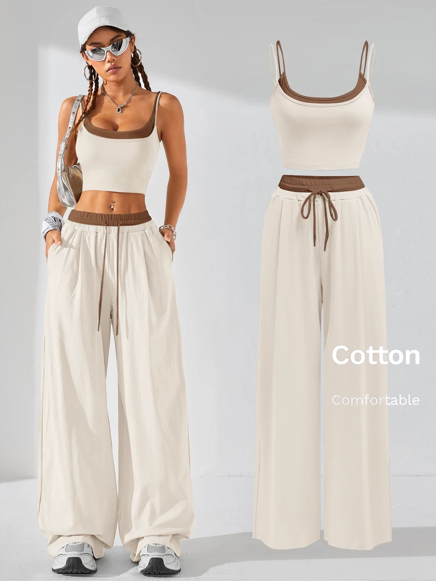 Coolane Women's Summer 2 Pieces Set, Color Block Cami Crop Top & Wide Leg Pants, Casual Lounge Streetwear Vacation Outfit - Apricot - View 1