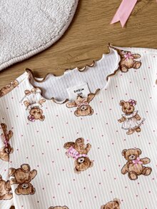 SHEIN Young Girl Cute Cartoon Bear Print Ruffle Round Neck Short Sleeve Long Pants Knit Comfortable Fitted Pajama Set 2pcs Back To School - Multicolor - View 3