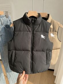 SHEIN 青少年女孩可正反穿絎縫背心，立領拉鍊無袖外套，男童與女童秋冬日常穿著 - 黑色 - 查看 8