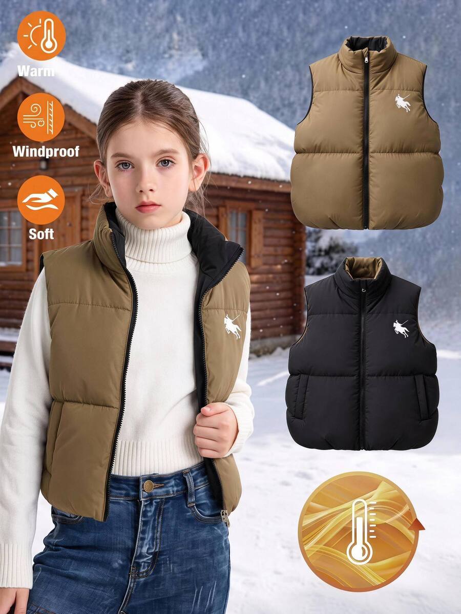 SHEIN Tween Girl Cotton Sleeveless Padded Coat, Fall Winter, Outdoor, Back To School - Black - View 1