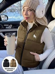 SHEIN 青少年女孩可正反穿絎縫背心，立領拉鍊無袖外套，男童與女童秋冬日常穿著 - 黑色 - 查看 1