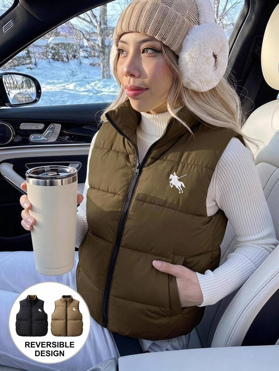SHEIN 青少年女孩可正反穿絎縫背心,立領拉鍊無袖外套,男童與女童秋冬日常穿著 - 黑色 - 查看 1