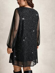 Comfylo Plus Size Exquisite Versatile Sequin Bowknot Strap Dress - Black - View 6