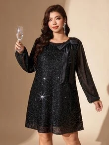 Comfylo Plus Size Exquisite Versatile Sequin Bowknot Strap Dress - Black - View 3