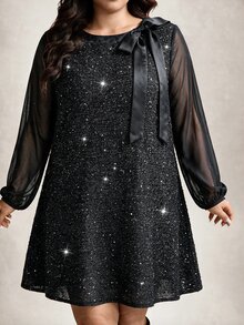 Comfylo Plus Size Exquisite Versatile Sequin Bowknot Strap Dress - Black - View 13