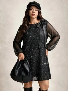 Comfylo Plus Size Exquisite Versatile Sequin Bowknot Strap Dress - Black - View 9