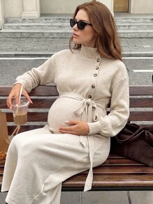 SHEIN Autumn Grey Maternity Dress With Stand Collar, Button Front, And Waist Tie Work Photoshoot Maternity Dresses For Women Fall Elegant Chic - Khaki - View 3