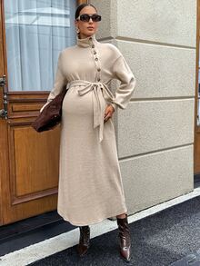 SHEIN Autumn Grey Maternity Dress With Stand Collar, Button Front, And Waist Tie Work Photoshoot Maternity Dresses For Women Fall Elegant Chic - Khaki - View 9