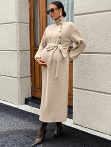 SHEIN Autumn Grey Maternity Dress With Stand Collar, Button Front, And Waist Tie Work Photoshoot Maternity Dresses For Women Fall Elegant Chic - Khaki - View 8