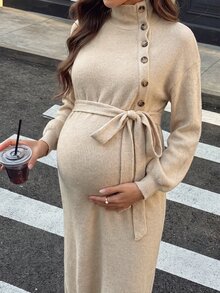 SHEIN Autumn Grey Maternity Dress With Stand Collar, Button Front, And Waist Tie Work Photoshoot Maternity Dresses For Women Fall Elegant Chic - Khaki - View 2