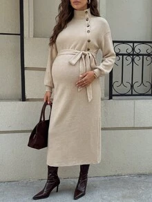 SHEIN Autumn Grey Maternity Dress With Stand Collar, Button Front, And Waist Tie Work Photoshoot Maternity Dresses For Women Fall Elegant Chic - Khaki - View 4