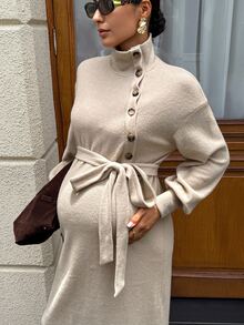 SHEIN Autumn Grey Maternity Dress With Stand Collar, Button Front, And Waist Tie Work Photoshoot Maternity Dresses For Women Fall Elegant Chic - Khaki - View 10