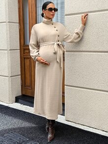 SHEIN Autumn Grey Maternity Dress With Stand Collar, Button Front, And Waist Tie Work Photoshoot Maternity Dresses For Women Fall Elegant Chic - Khaki - View 7