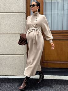 SHEIN Autumn Grey Maternity Dress With Stand Collar, Button Front, And Waist Tie Work Photoshoot Maternity Dresses For Women Fall Elegant Chic - Khaki - View 11