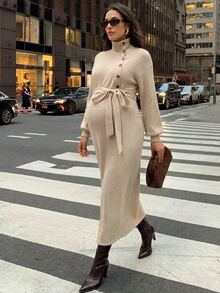 SHEIN Autumn Grey Maternity Dress With Stand Collar, Button Front, And Waist Tie Work Photoshoot Maternity Dresses For Women Fall Elegant Chic - Khaki - View 5