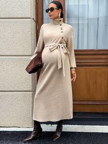 SHEIN Autumn Grey Maternity Dress With Stand Collar, Button Front, And Waist Tie Work Photoshoot Maternity Dresses For Women Fall Elegant Chic - Khaki - View 12