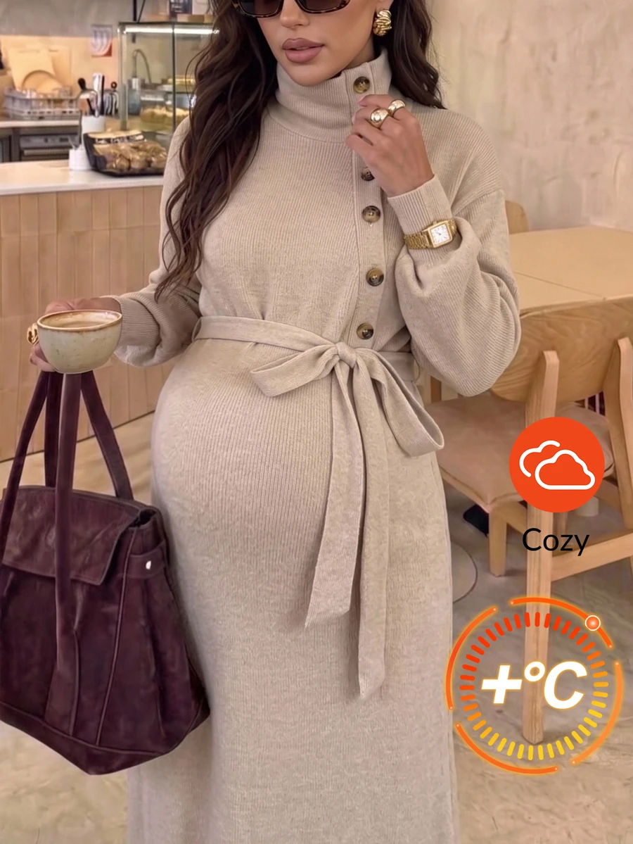 SHEIN Autumn Grey Maternity Dress With Stand Collar, Button Front, And Waist Tie Work Photoshoot Maternity Dresses For Women Fall Elegant Chic - Khaki - View 1
