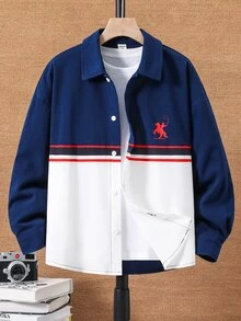 SHEIN 兒童青少年男孩休閒學院風百搭撞色圖案翻領長袖襯衫上衣，適合通勤、上學、日常休閒、外出、運動，春夏秋冬四季適用，開學季穿搭 - 寶藍色 - 查看 5