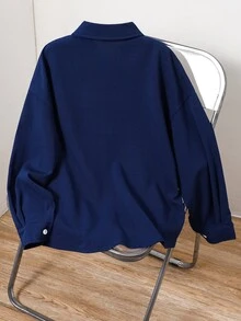 SHEIN 兒童青少年男孩休閒學院風百搭撞色圖案翻領長袖襯衫上衣，適合通勤、上學、日常休閒、外出、運動，春夏秋冬四季適用，開學季穿搭 - 寶藍色 - 查看 3