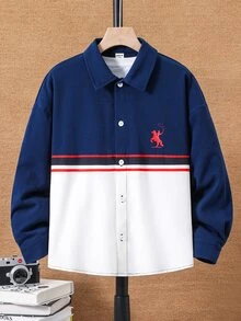 SHEIN 兒童青少年男孩休閒學院風百搭撞色圖案翻領長袖襯衫上衣，適合通勤、上學、日常休閒、外出、運動，春夏秋冬四季適用，開學季穿搭 - 寶藍色 - 查看 4