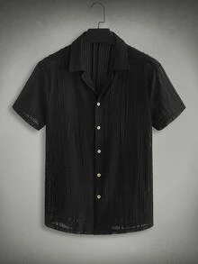 GETOML Men's Casual Black Summer Vacation Shirt,Short Sleeve Button Down Textured Beach Top,Relaxed Fit Camp Collar Linen Look Breathable Vertical Pleated - Multicolor - View 3