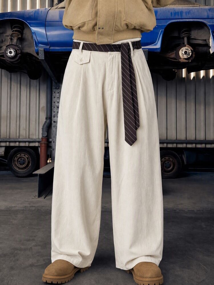 GETOML Men's Black Wide Leg Pants With Gold Button And Wrap Strap Waist. Loose Straight Fit, VACATION, . Fashion Style For Summer - Apricot - View 1