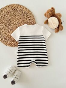Baby Boy Casual Cute Knitted Cartoon Pattern Short Sleeve Romper - Black and White - View 2