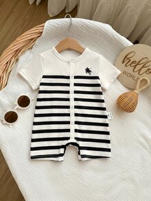 Baby Boy Casual Cute Knitted Cartoon Pattern Short Sleeve Romper - Black and White - View 5