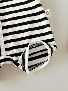 Baby Boy Casual Cute Knitted Cartoon Pattern Short Sleeve Romper - Black and White - View 3