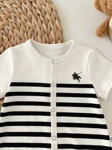 Baby Boy Casual Cute Knitted Cartoon Pattern Short Sleeve Romper - Black and White - View 4