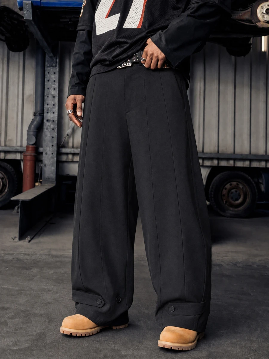 GETOML Men's Black Wide Leg Pants With Gold Button And Wrap Strap Waist. Loose Straight Fit, VACATION, . Fashion Style For Summer - Grey - View 1