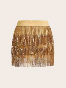 SHEIN ICON Gold Sequin Fringe Hem Concert Outfits Skirt - Gold - View 5