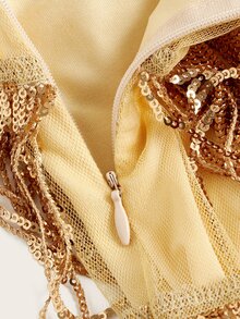 SHEIN ICON Gold Sequin Fringe Hem Concert Outfits Skirt - Gold - View 3