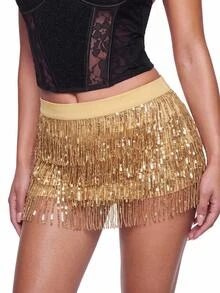 SHEIN ICON Gold Sequin Fringe Hem Concert Outfits Skirt - Gold - View 2