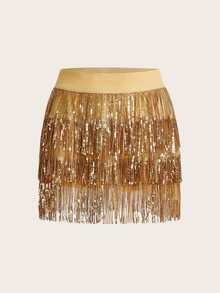 SHEIN ICON Gold Sequin Fringe Hem Concert Outfits Skirt - Gold - View 1