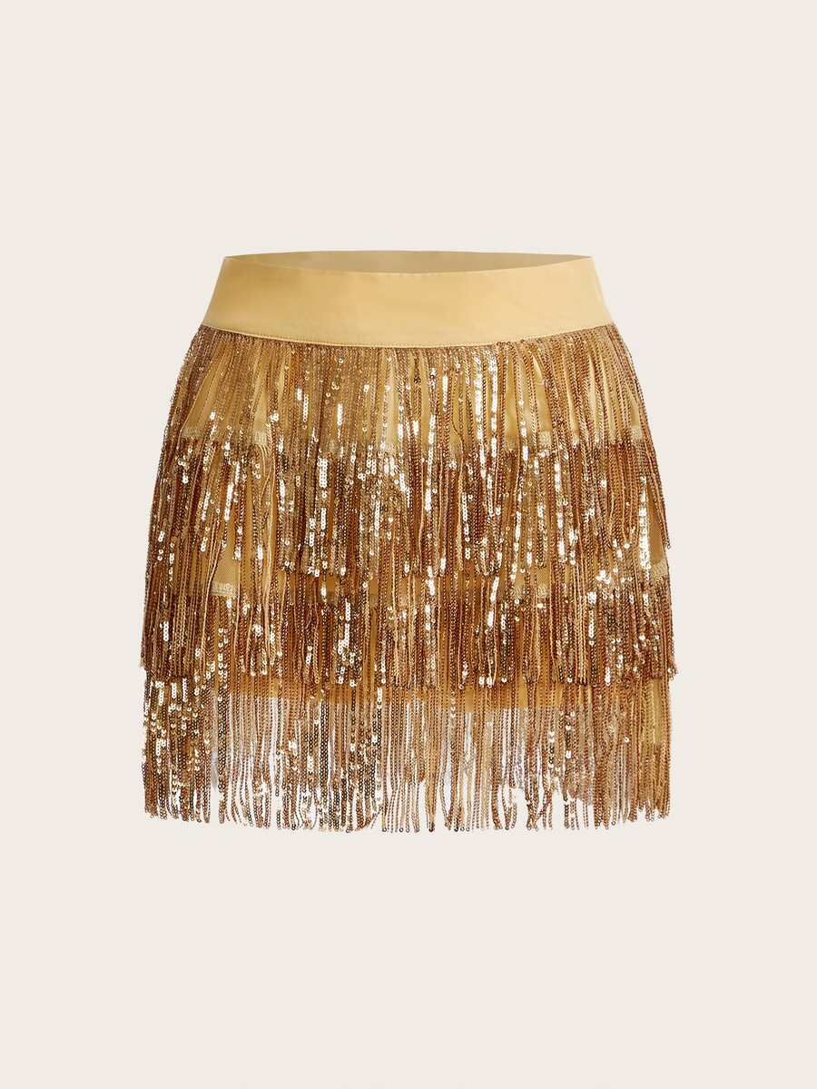 SHEIN ICON Gold Sequin Fringe Hem Concert Outfits Skirt - Gold - View 1