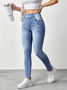 SHEIN Tall Celana Jeans Denim Wanita Kasual Serbaguna Model Slim Fit Pinggang Tinggi untuk Pemakaian Sehari-hari - Light Wash - View 8