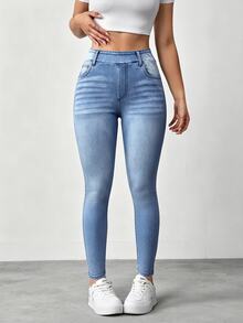 SHEIN Tall Celana Jeans Denim Wanita Kasual Serbaguna Model Slim Fit Pinggang Tinggi untuk Pemakaian Sehari-hari - Light Wash - View 4