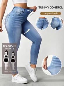 SHEIN Tall Celana Jeans Denim Wanita Kasual Serbaguna Model Slim Fit Pinggang Tinggi untuk Pemakaian Sehari-hari - Light Wash - View 2
