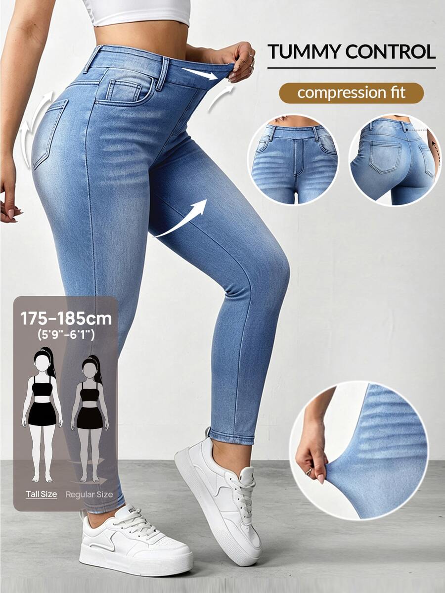 SHEIN Tall Celana Jeans Denim Wanita Kasual Serbaguna Model Slim Fit Pinggang Tinggi untuk Pemakaian Sehari-hari