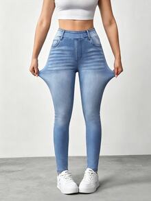 SHEIN Tall Celana Jeans Denim Wanita Kasual Serbaguna Model Slim Fit Pinggang Tinggi untuk Pemakaian Sehari-hari - Light Wash - View 6