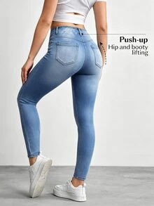 SHEIN Tall Celana Jeans Denim Wanita Kasual Serbaguna Model Slim Fit Pinggang Tinggi untuk Pemakaian Sehari-hari - Light Wash - View 3