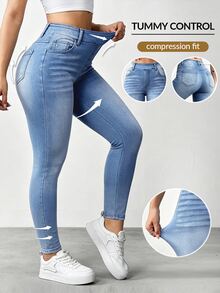 SHEIN Tall Celana Jeans Denim Wanita Kasual Serbaguna Model Slim Fit Pinggang Tinggi untuk Pemakaian Sehari-hari - Light Wash - View 7